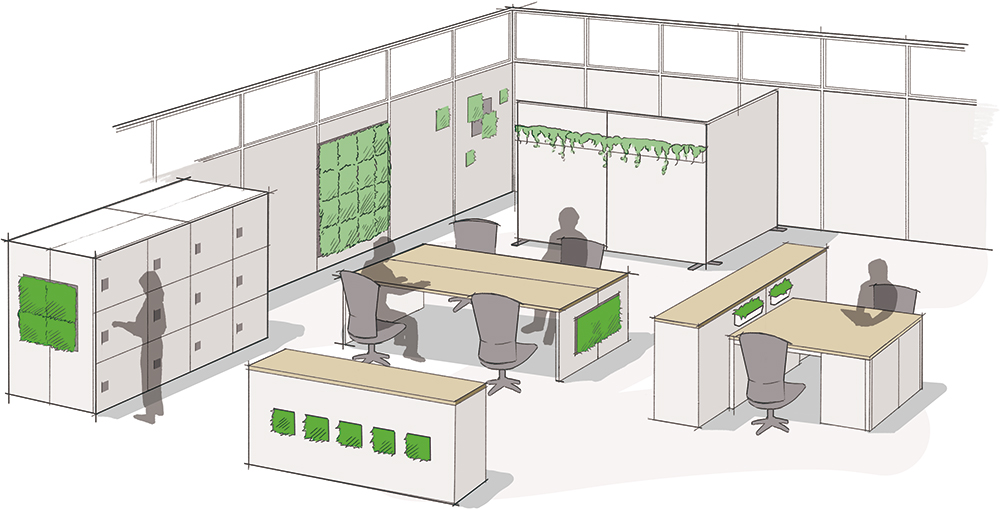 オフィス空間のスチール面にマグネットグリーンで装飾